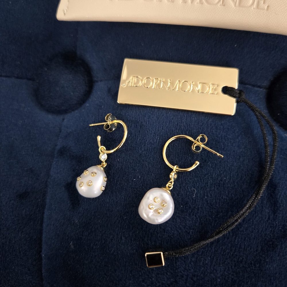 Adornmonde Hentley Pearl Hoop Earrings 14 Karat Gold Plated Sterling Silver, NEW